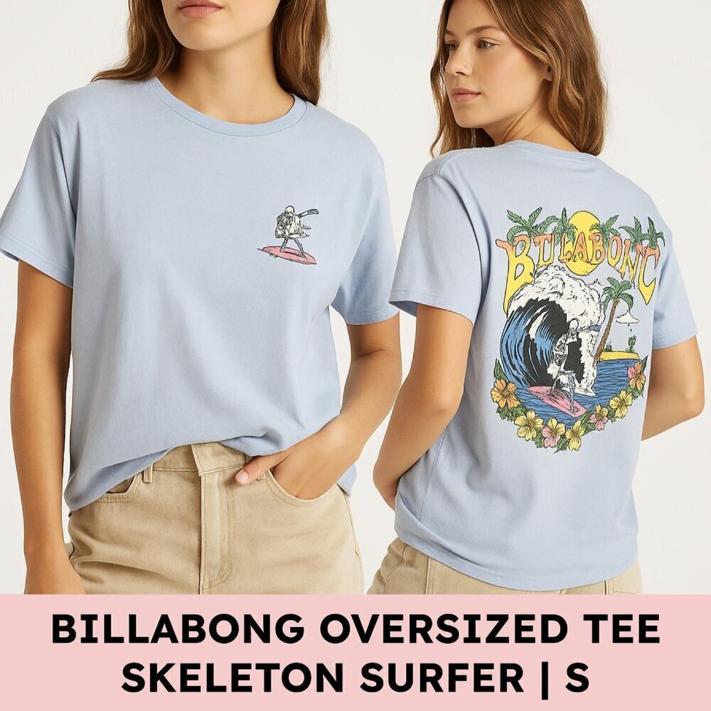 Billabong Skeleton Surfer Graphic Tee Light Blue Cotton Boyfriend Fit Small - Picture 10 of 10